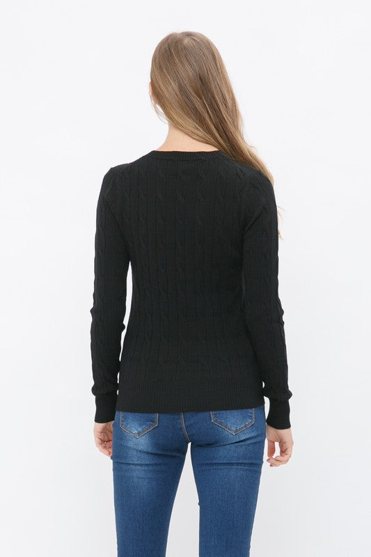 Cable Knit Crewneck Pullover in Black - Classic Winter Essential