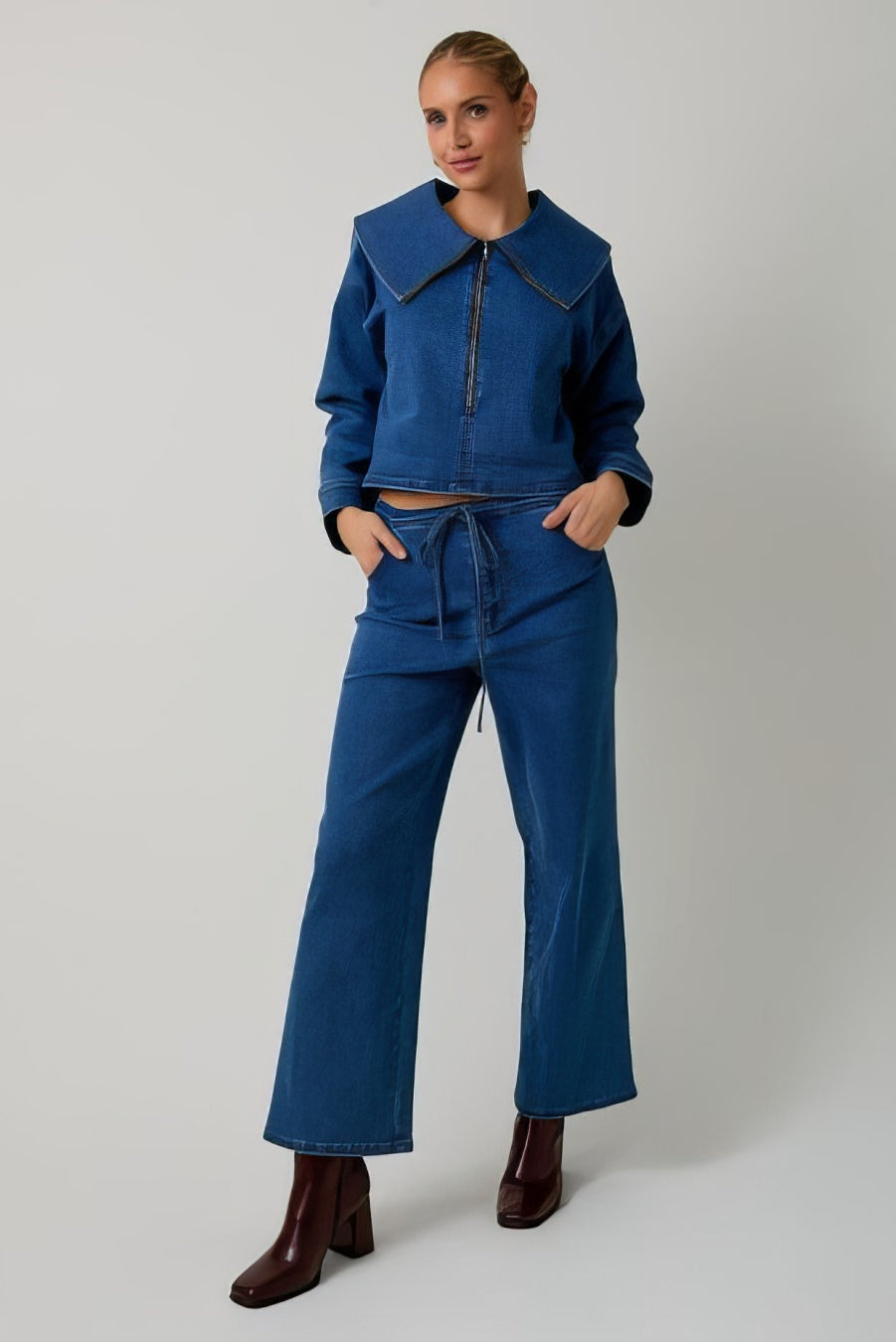Tie Waist Stretch Denim Pants Set