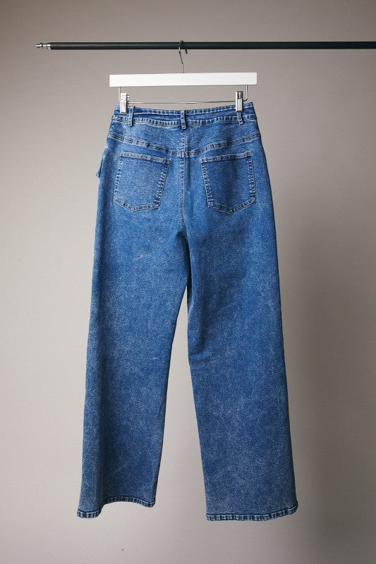 Tie Waist Stretch Denim Pants with Ruffle Pocket