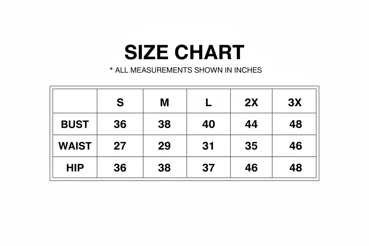 Size chart for Coastal Stripe Midi Dress - S, M, L, 1X, 2X, 3X sizing