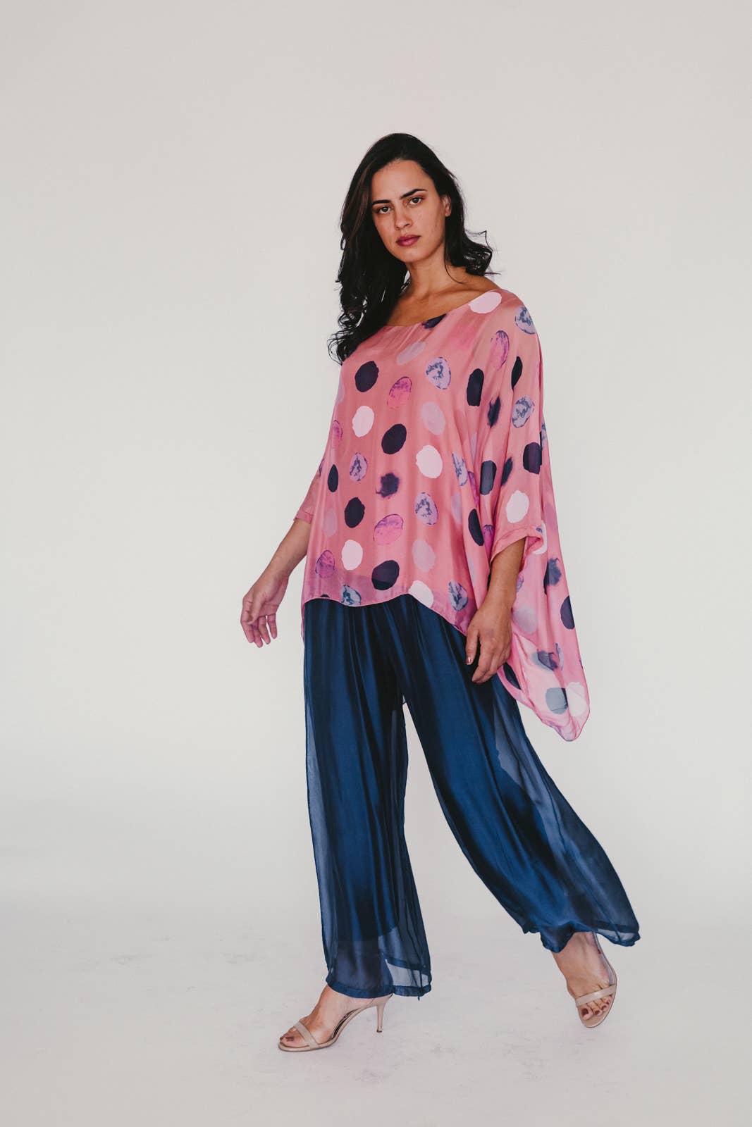 Top-Italian Flowy Silk with Dots: Navy / One Size