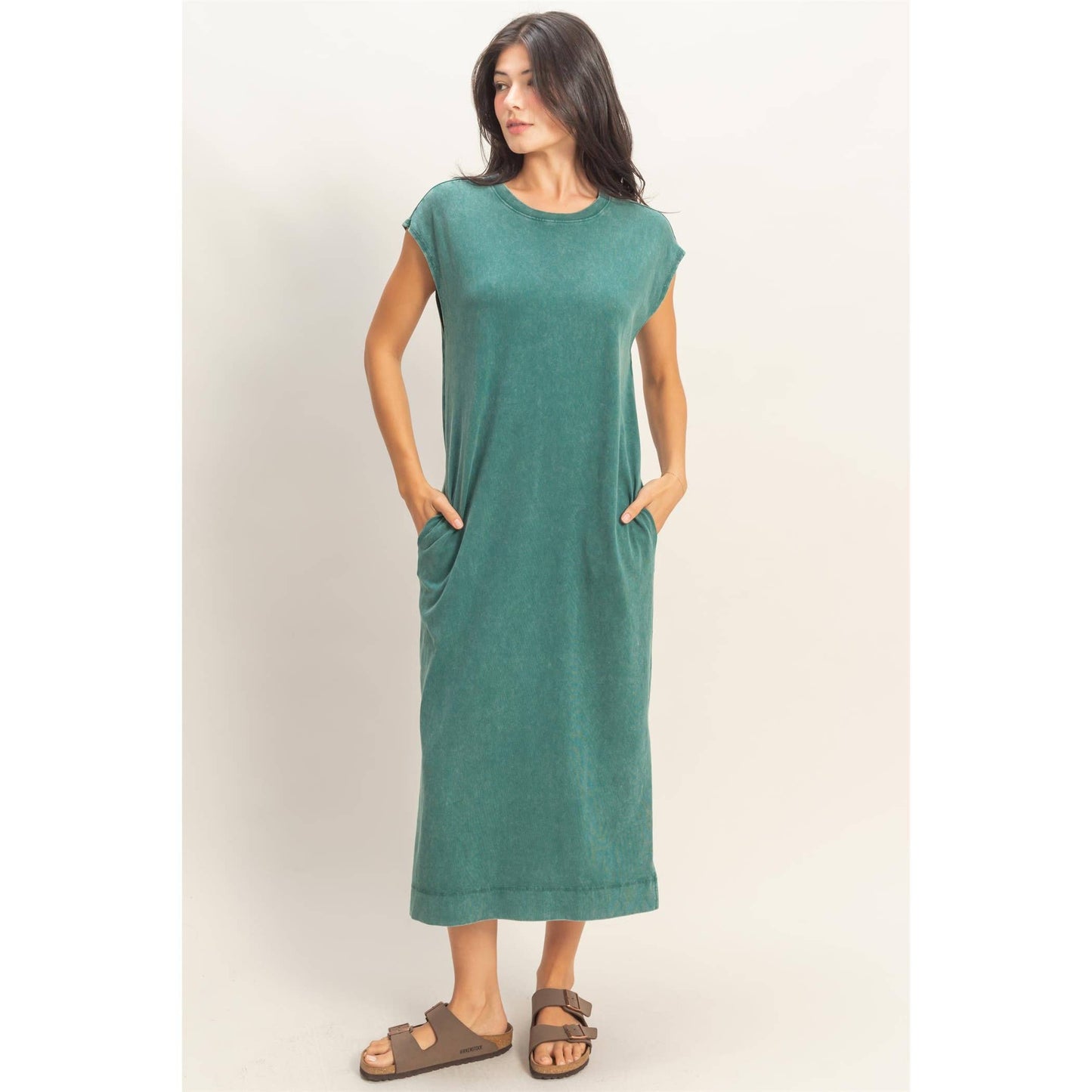 Mineral Wash Cap Sleeve Midi Dress