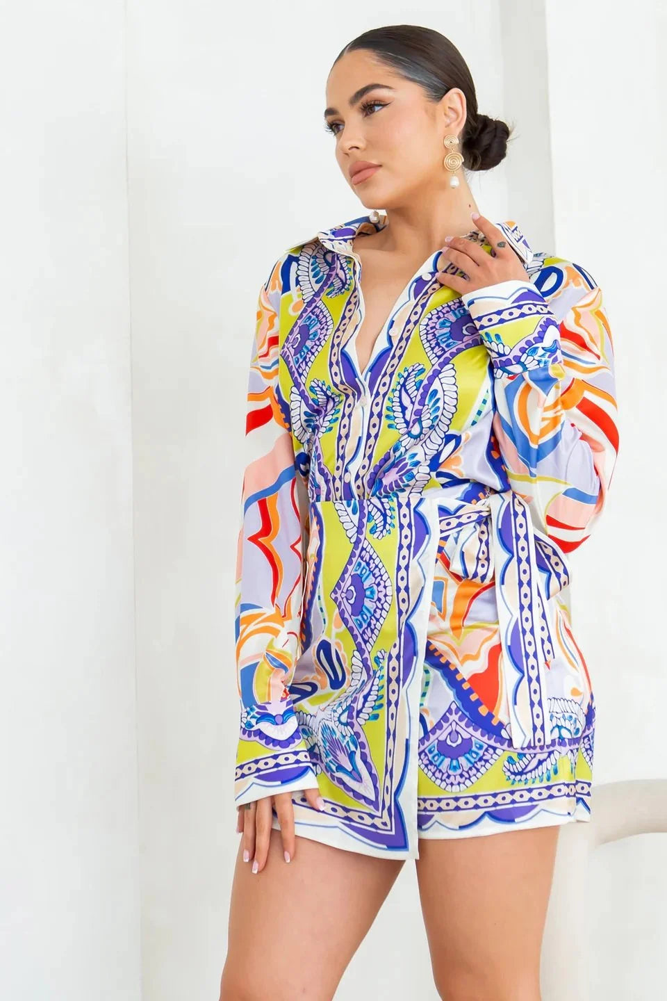 Satin Mixed Print Two-Piece Set - Elegant Top & Skirt