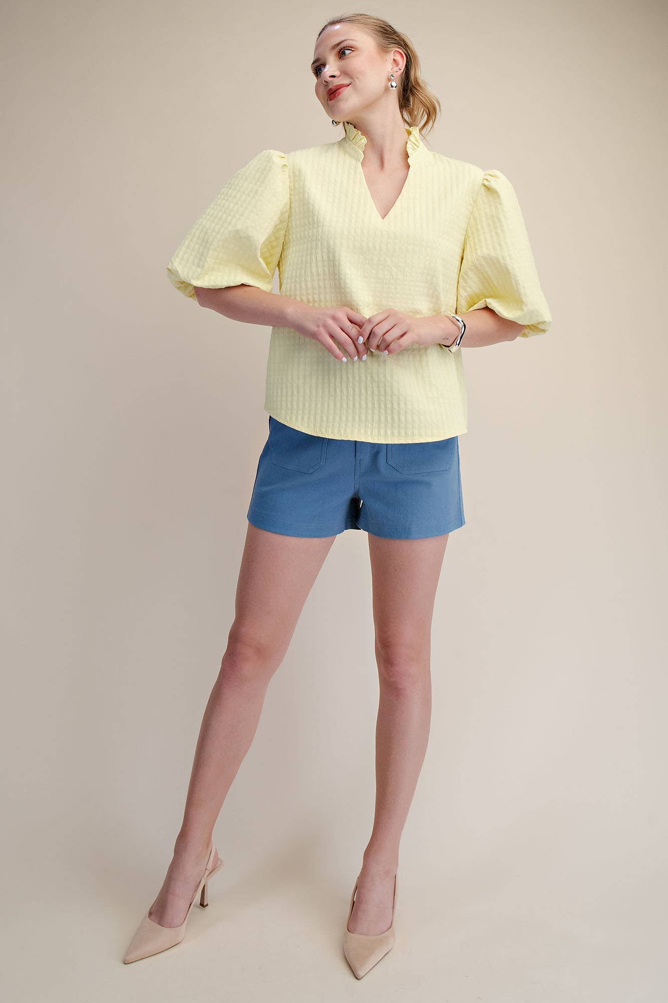 Puff Sleeve Ruffled Neck Textured Top | SS26