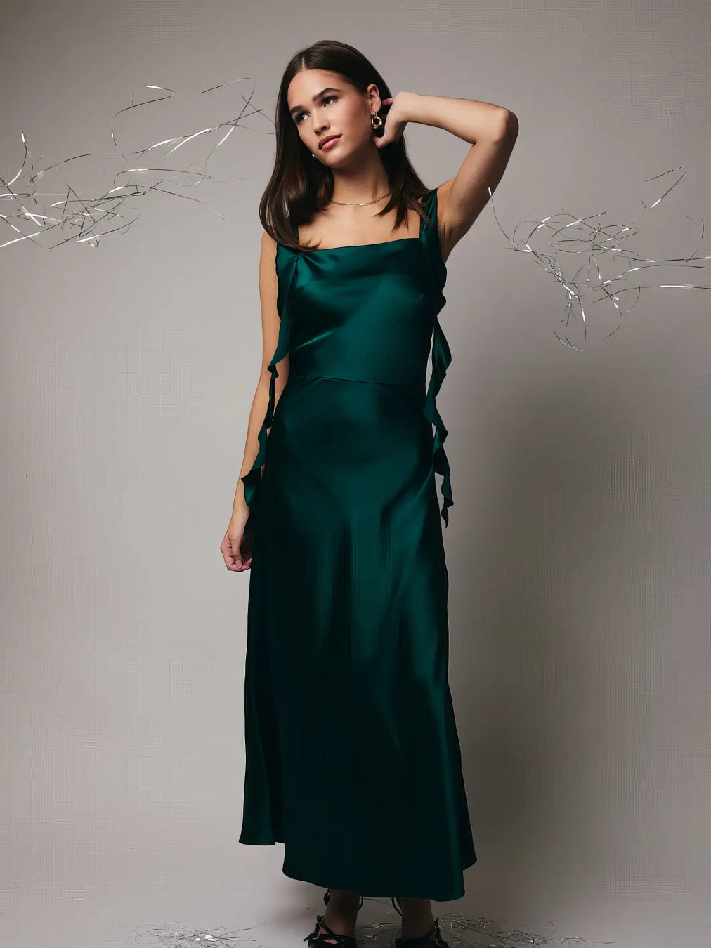 Hunter Green Cowl Neck Frill Maxi Dress