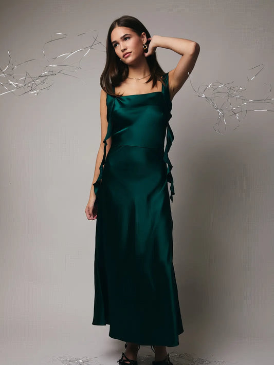 Hunter Green Cowl Neck Frill Maxi Dress