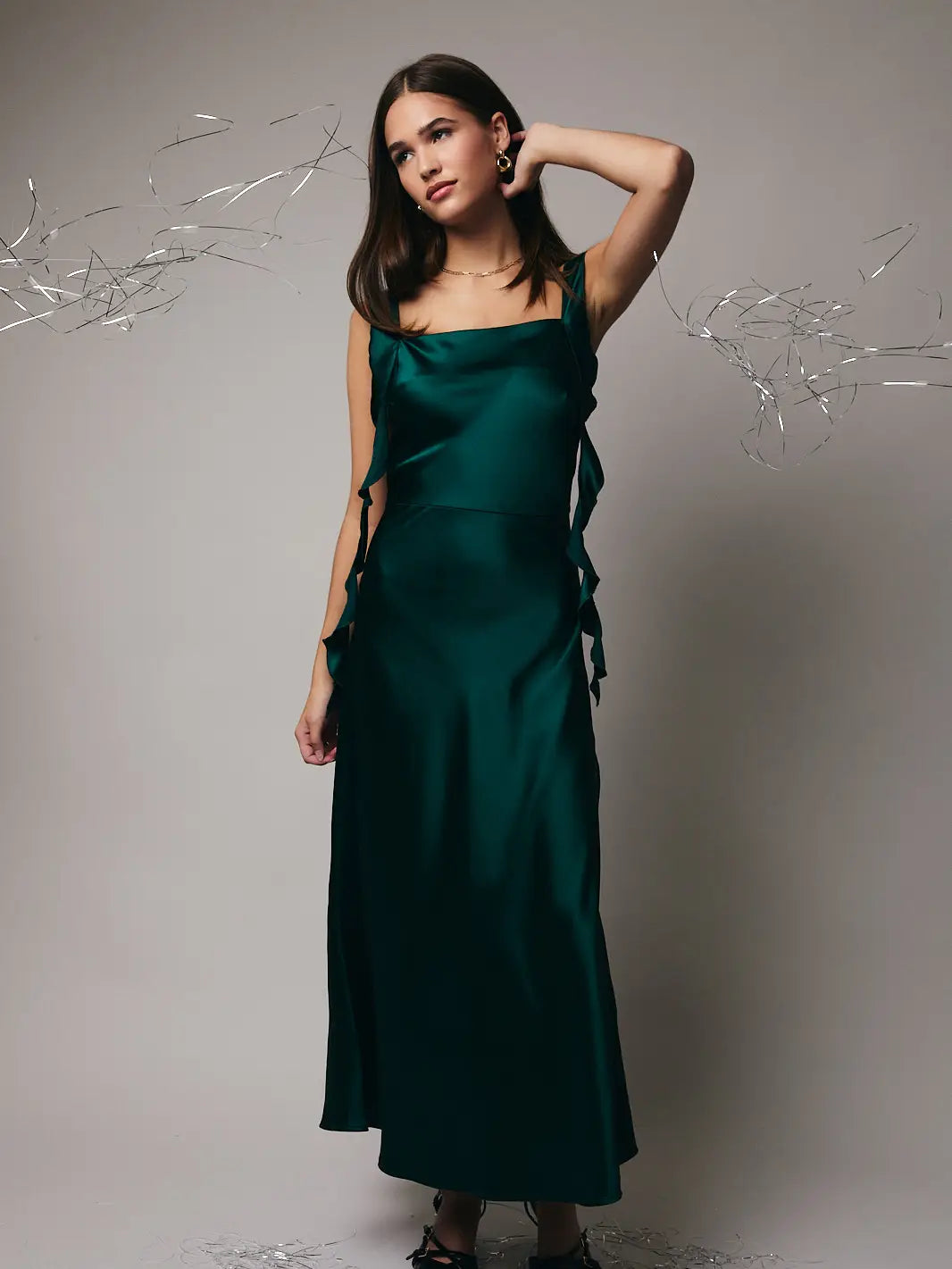 Emerald Green Soft Satin Midi Dress with Fringe