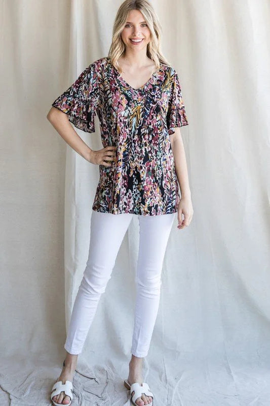 Floral Print Sleeve Ruffle Top