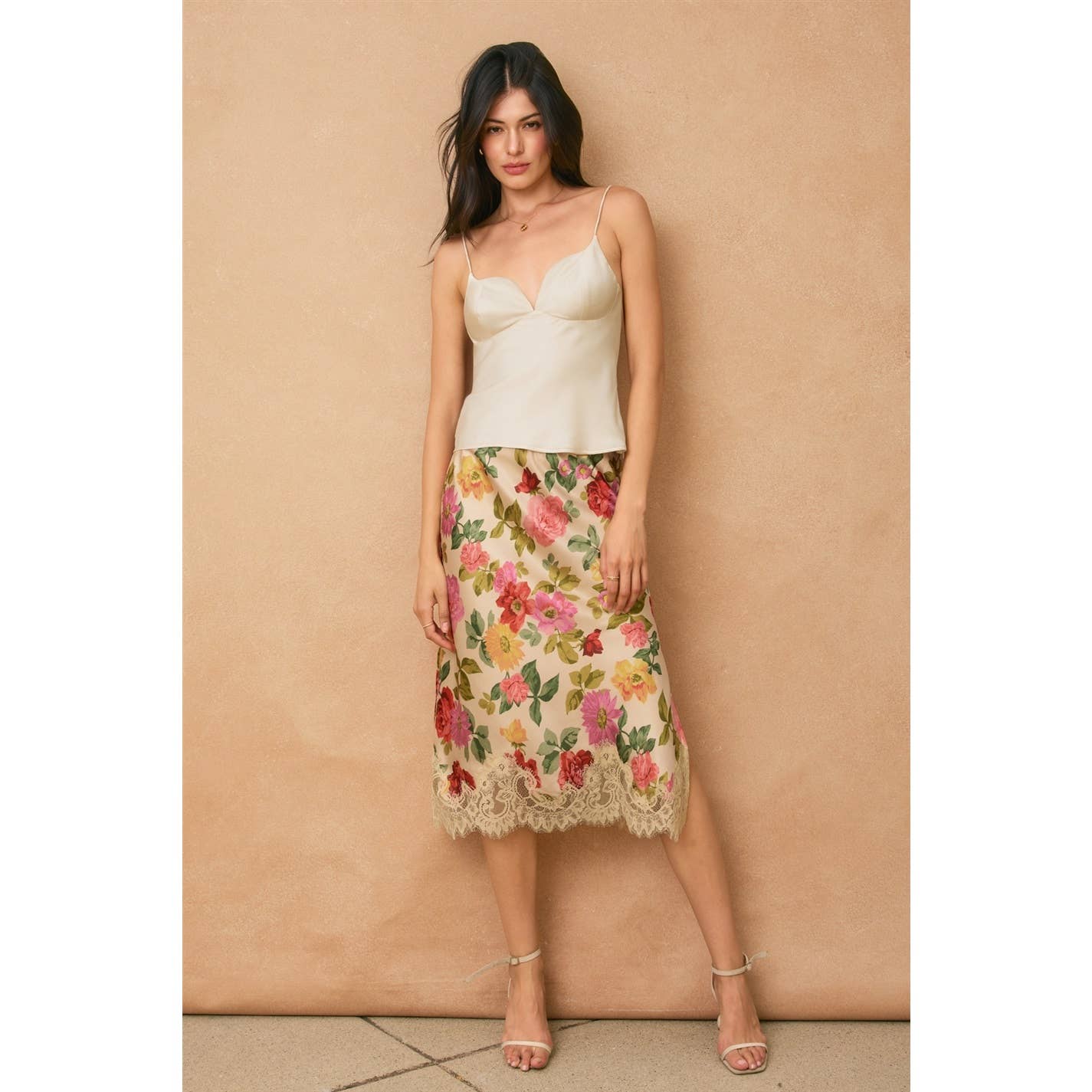 Floral Satin Midi Skirt with Lace Trim