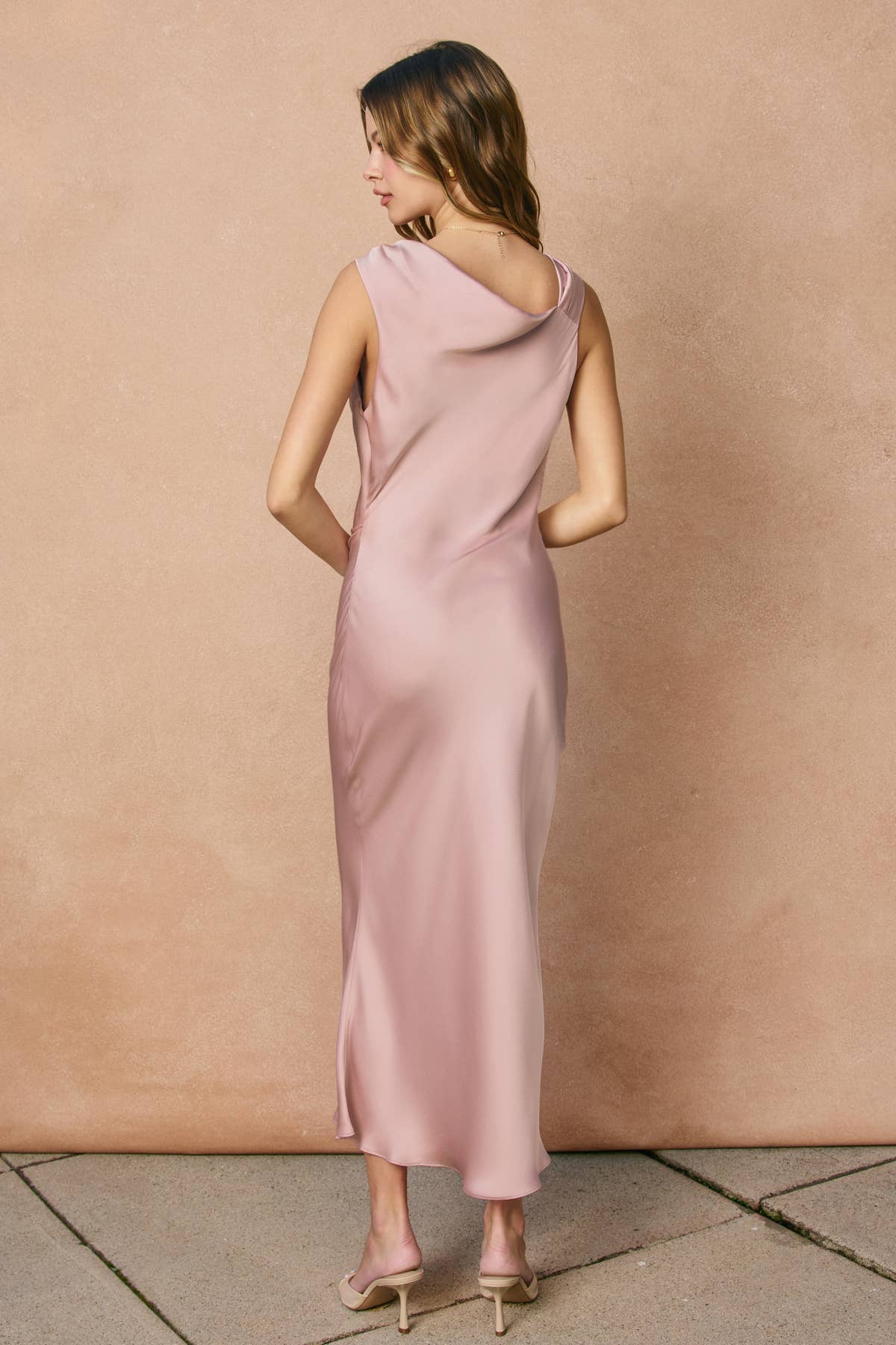 Dull Satin Off-The-Shoulder Ruched Midi Dress