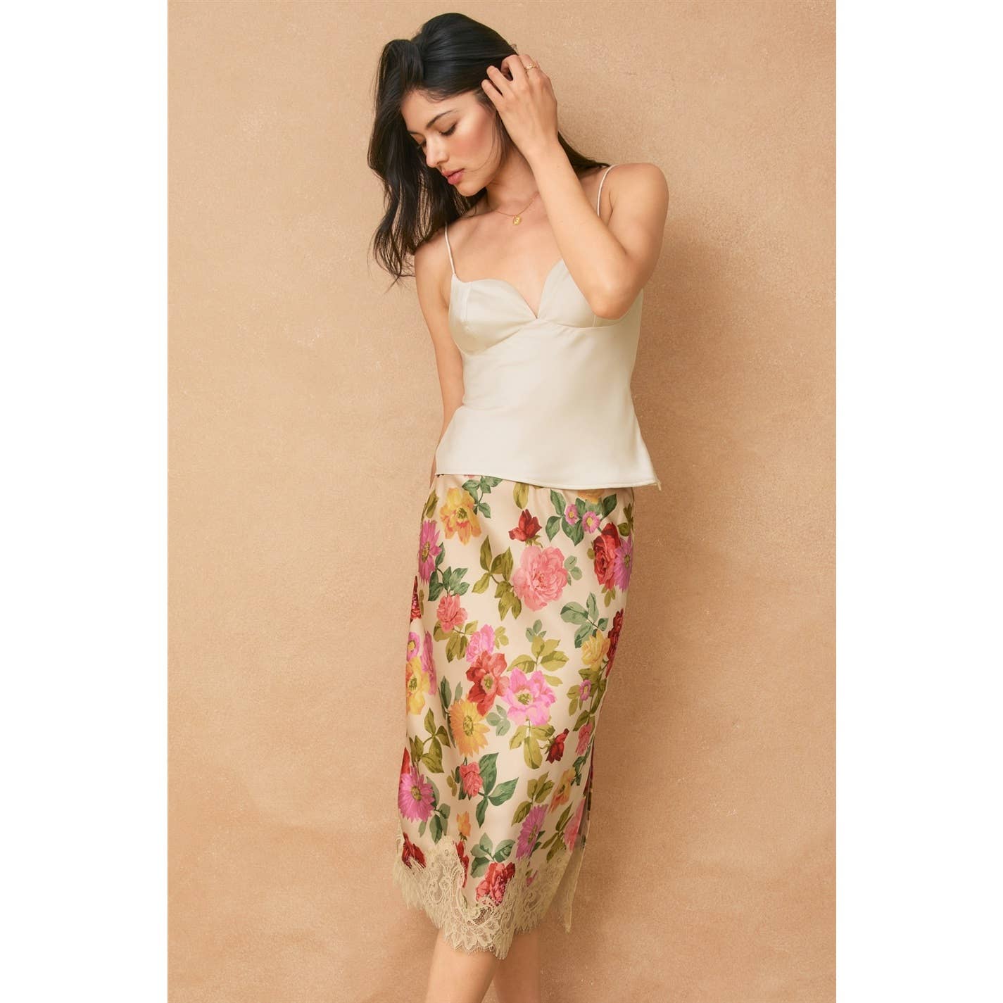Floral Satin Midi Skirt with Lace Trim