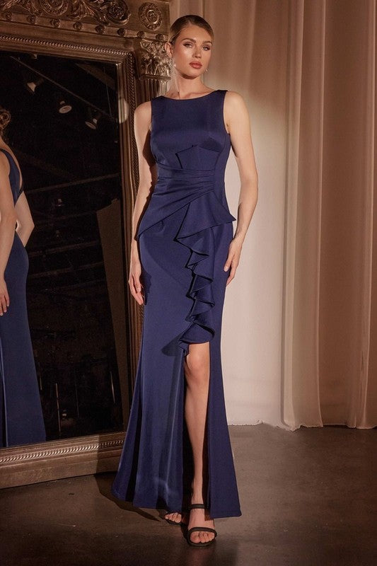Navy Neoprene Ruffle Cascade Gown