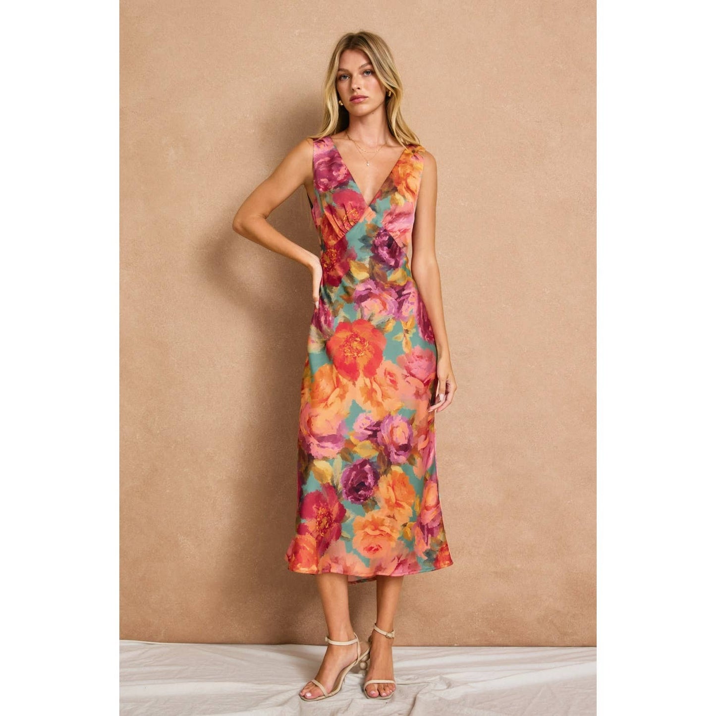 Vineyard Floral Slip Dress – Lined Satin Midi