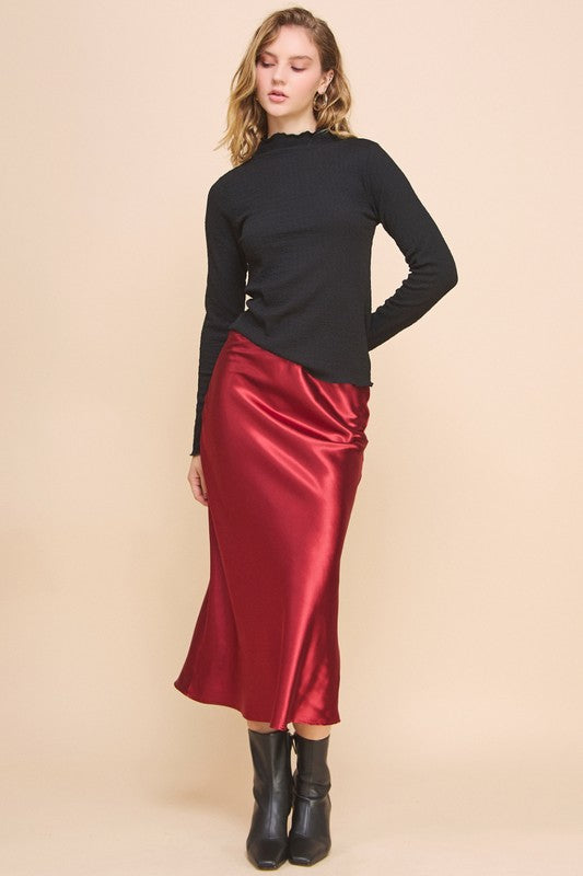 Soft Satin Raspberry Bias-Cut Midi Skirt