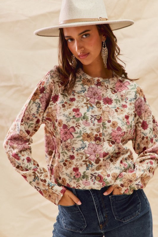 Timeless Floral Charm Button Down Sweater - Vintage-Inspired Knit
