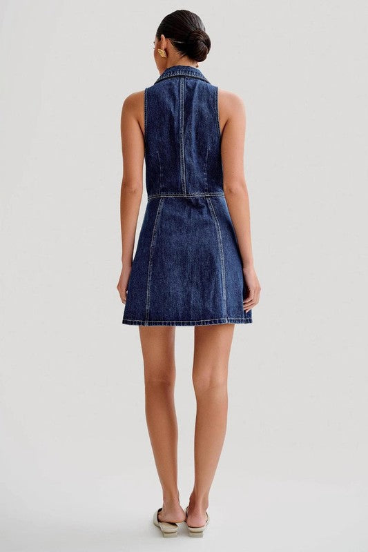 Point Collar Fit & Flare Button-Up Mini Dress | Navy | SS26