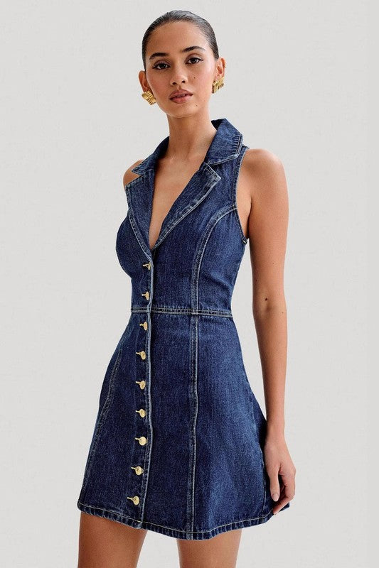 Point Collar Fit & Flare Button-Up Mini Dress | Navy | SS26