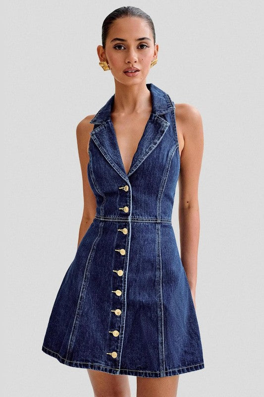 Point Collar Fit & Flare Button-Up Mini Dress | Navy | SS26