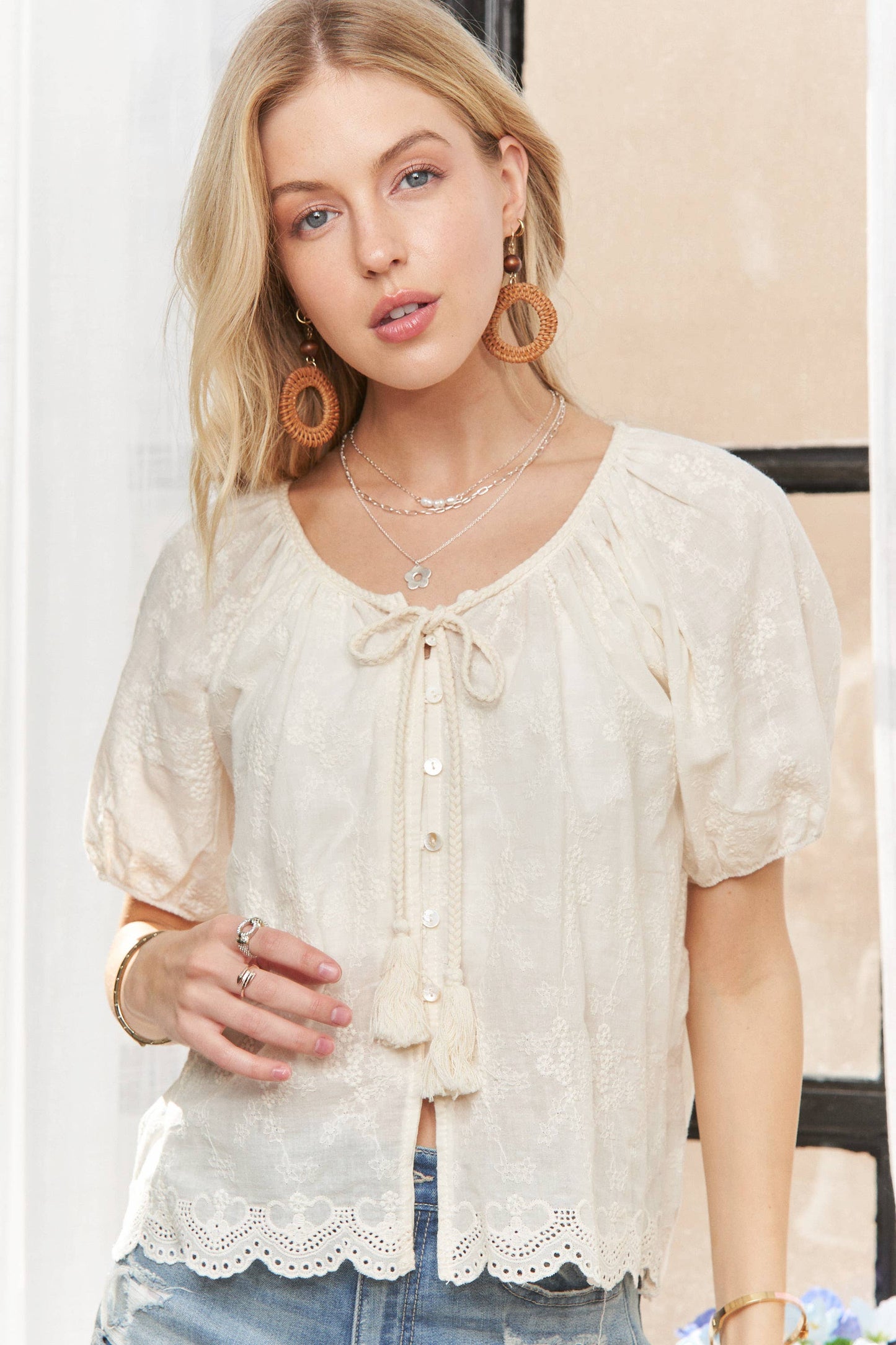 CET3893-ELASTIC SHORT SLEEVES TOP: BEIGE / S
