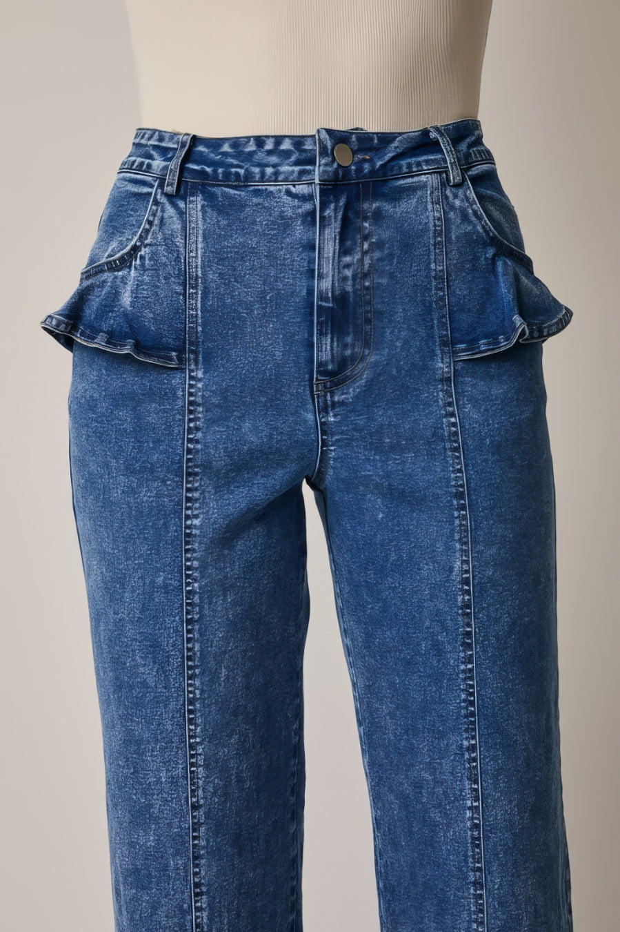 Ruffle Detail Wide Leg Stretch Denim Pant