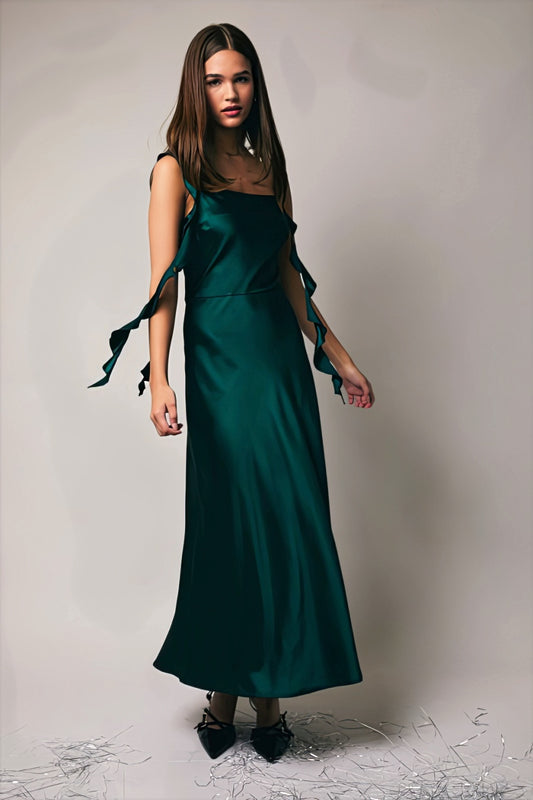 Emerald Green Soft Satin Midi Dress with Fringe