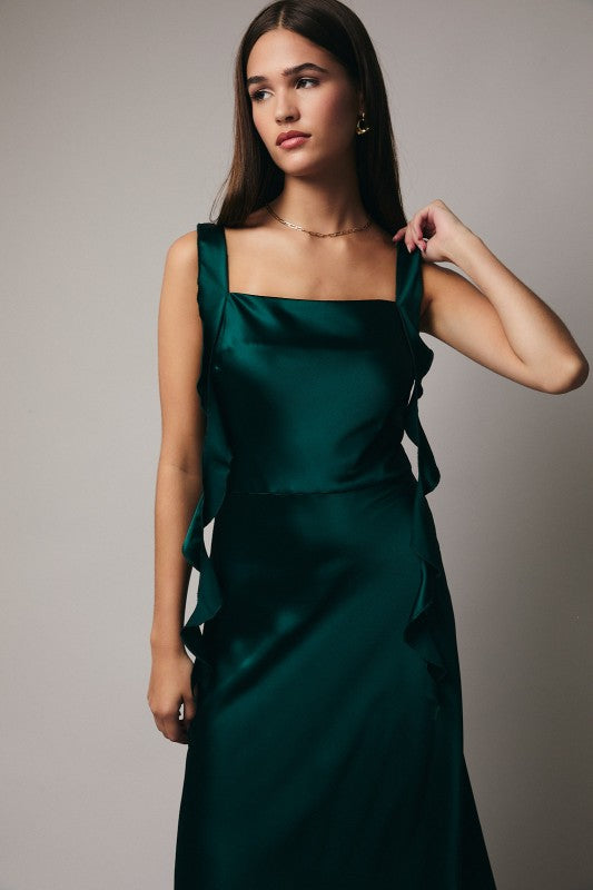 Emerald Green Soft Satin Midi Dress with Fringe