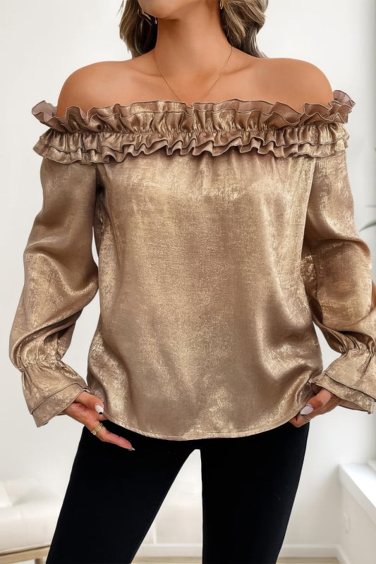 Long Sleeve Gold Metallic Off-Shoulder Top