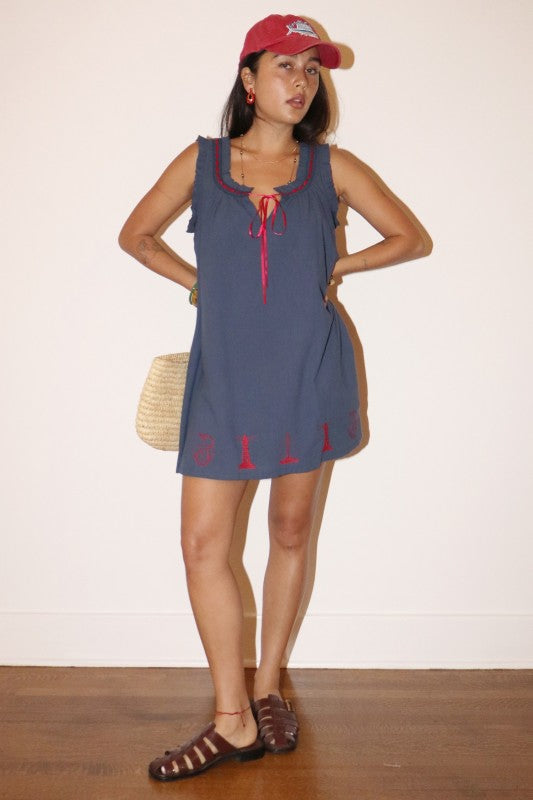 Nautical Embroidered Lace-Up Mini Dress - Slate Blue