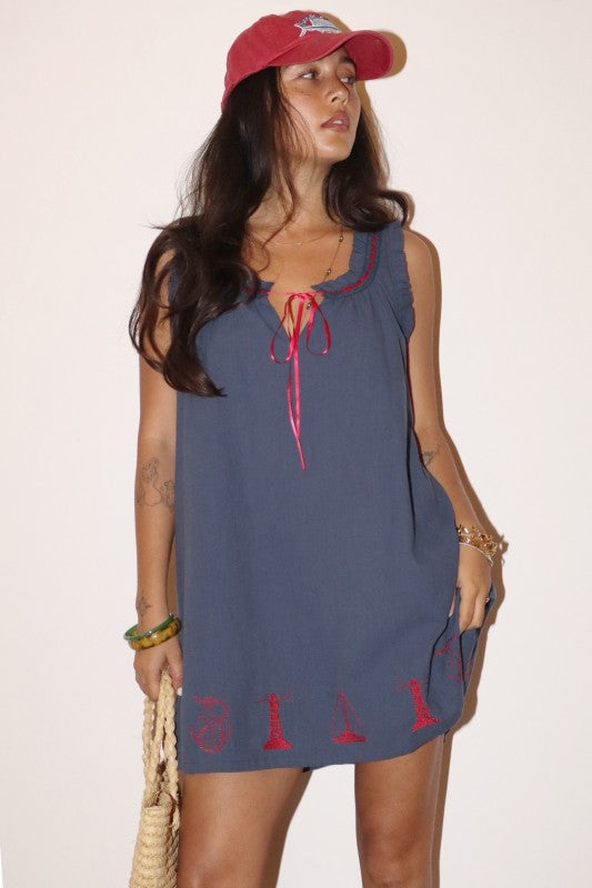Nautical Embroidered Lace-Up Mini Dress - Slate Blue