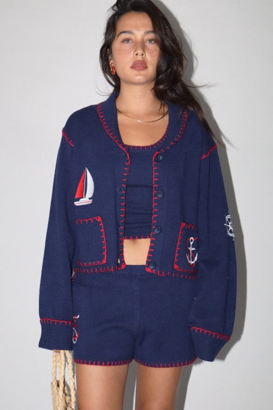 Nautical Anchor Patch Cardigan & Shorts Set - Navy