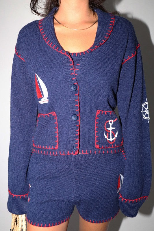 Nautical Anchor Patch Cardigan & Shorts Set - Navy