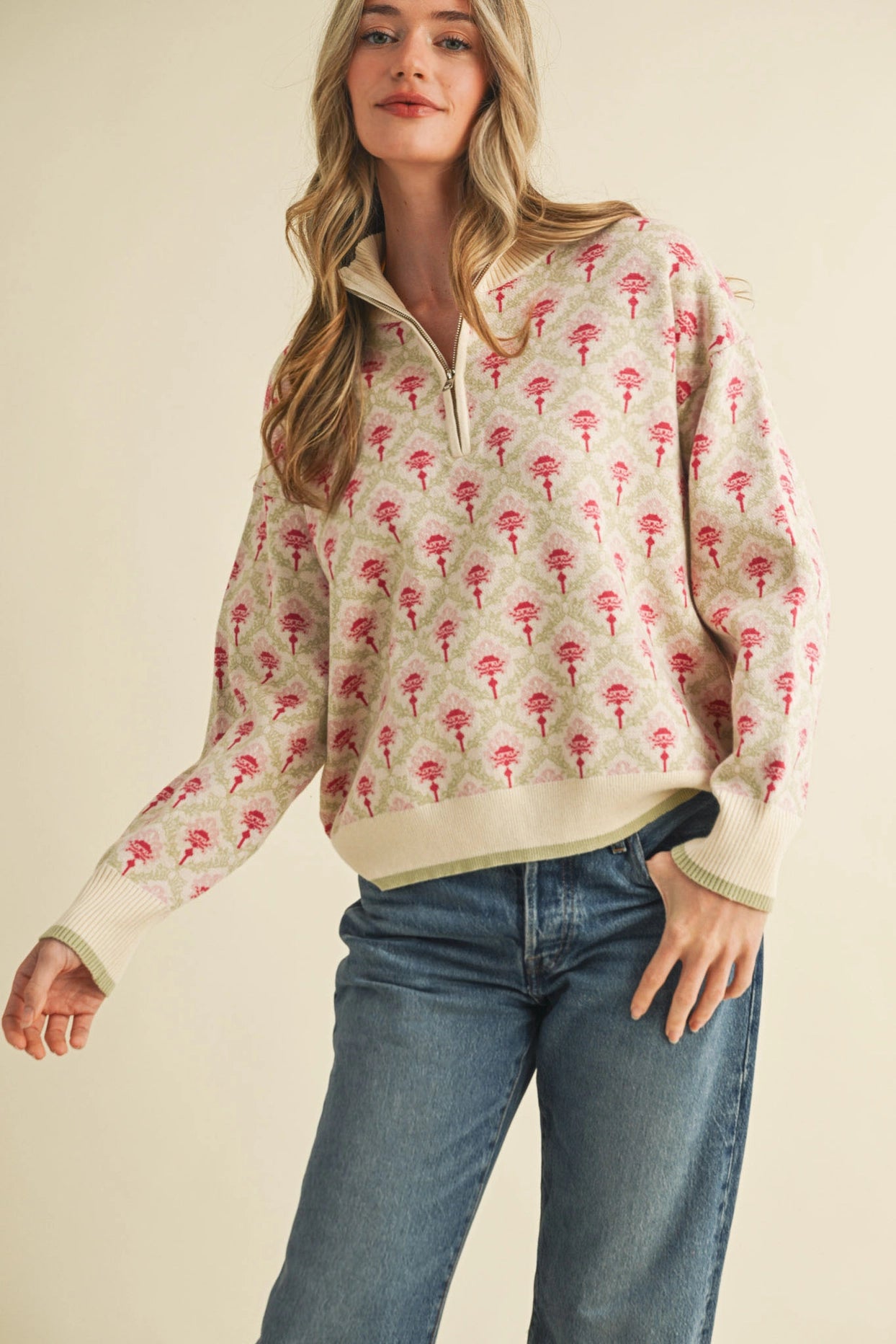 Floral Mock Neck Half Zip Pullover - Cozy Travel Essential