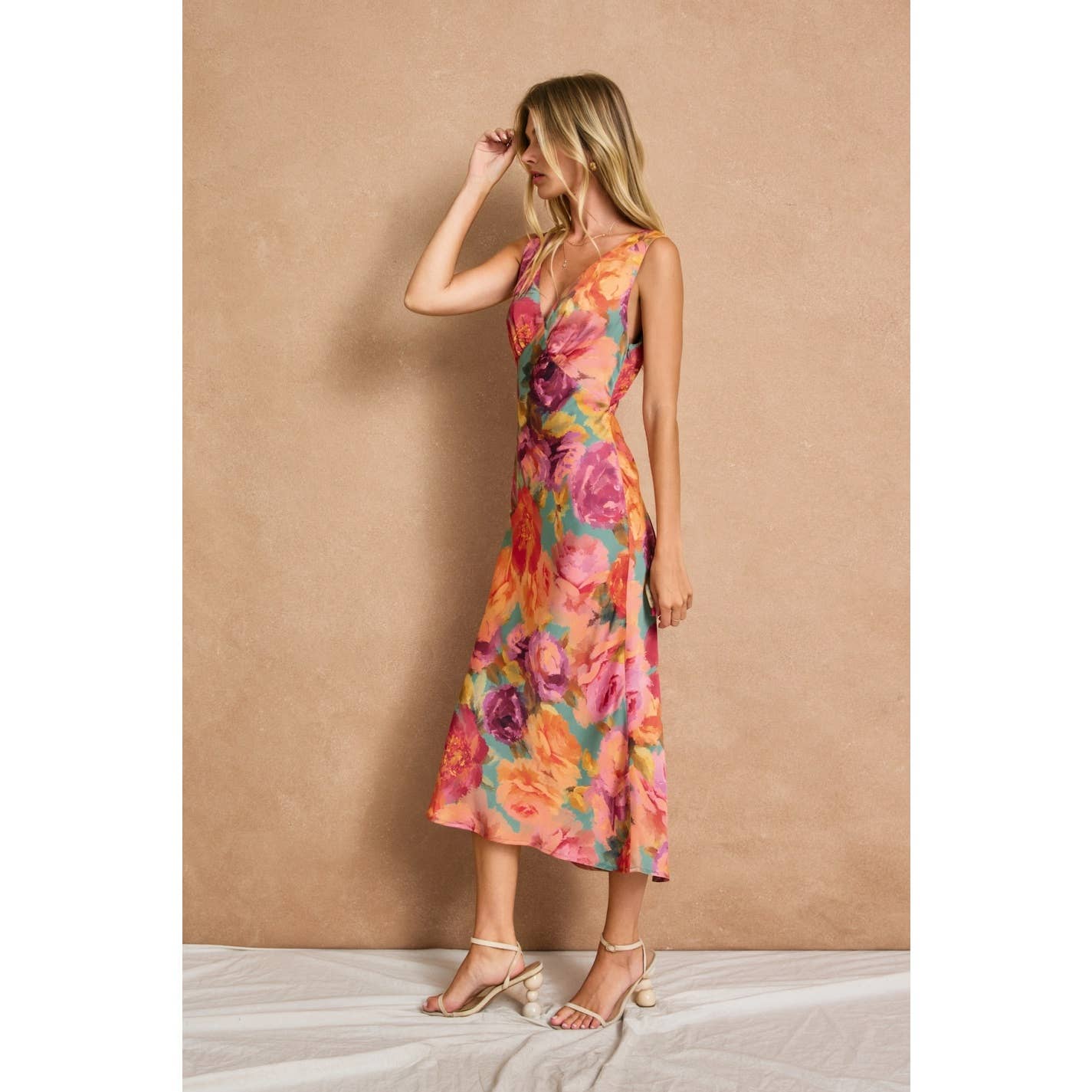 Vineyard Floral Slip Dress – Lined Satin Midi