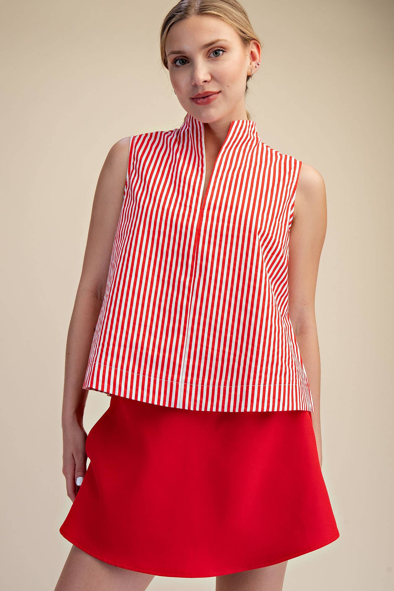 Stand Collar Slit V-Neck Sleeveless Stripe Top | SS26