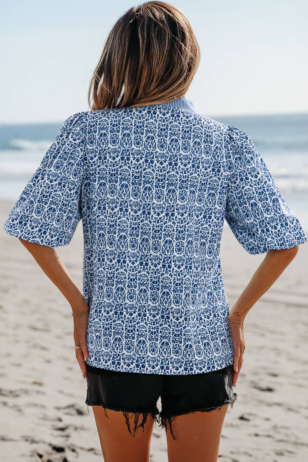 Floral Striped Print Contrast Ric-rac Puff Sleeve Top - Blue