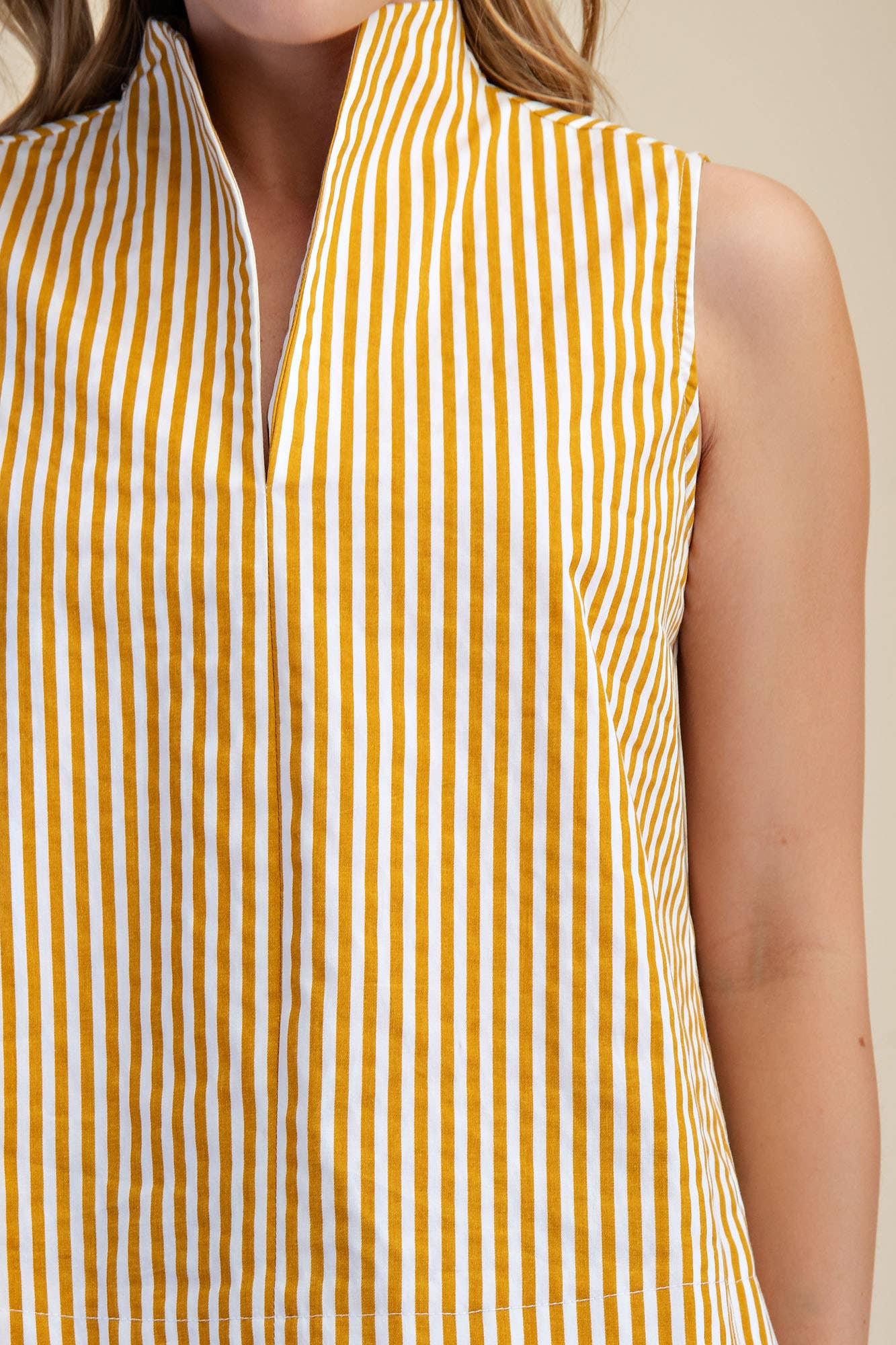 Stand Collar Slit V-Neck Sleeveless Stripe Top | SS26