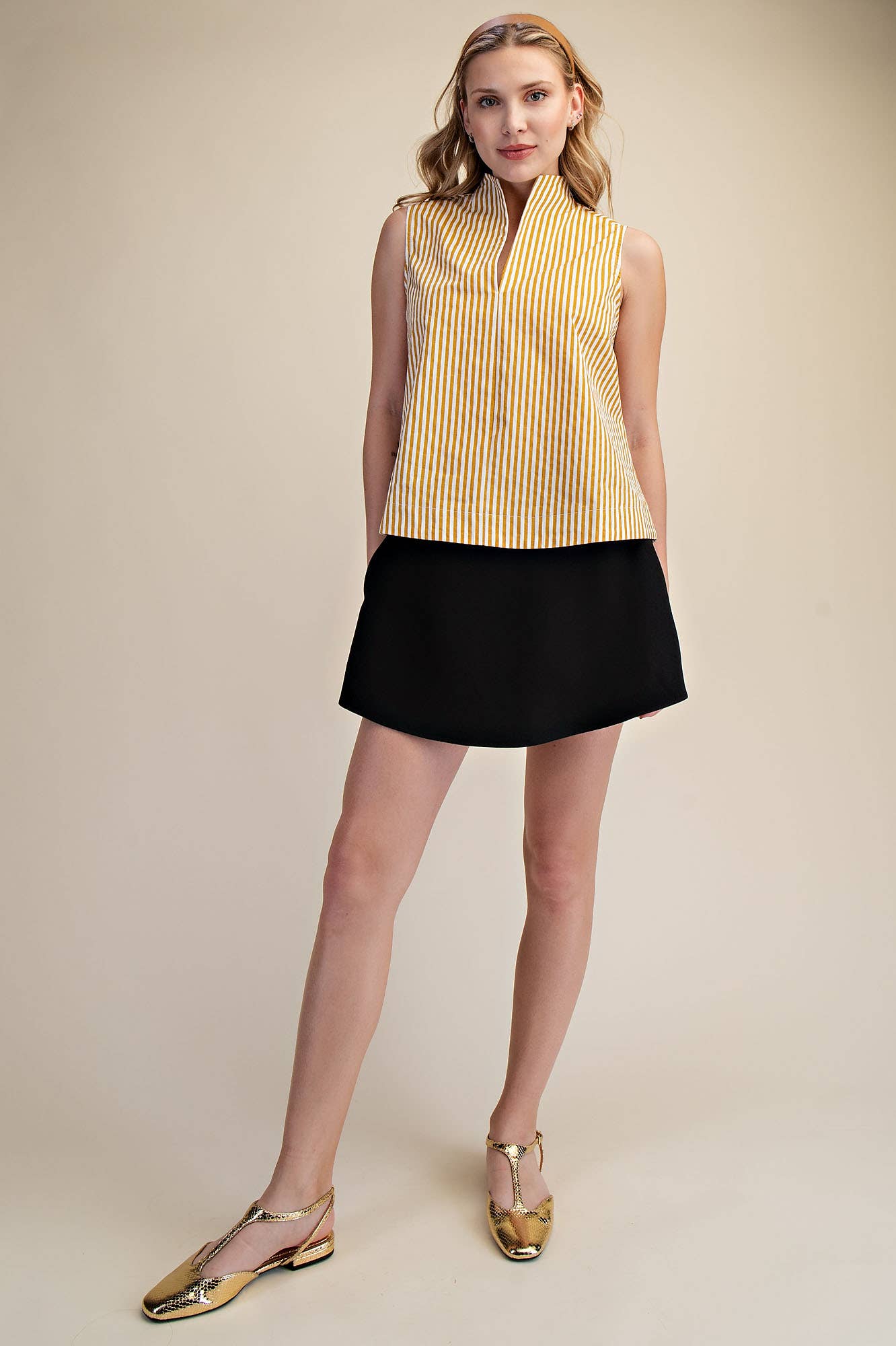 Stand Collar Slit V-Neck Sleeveless Stripe Top | SS26