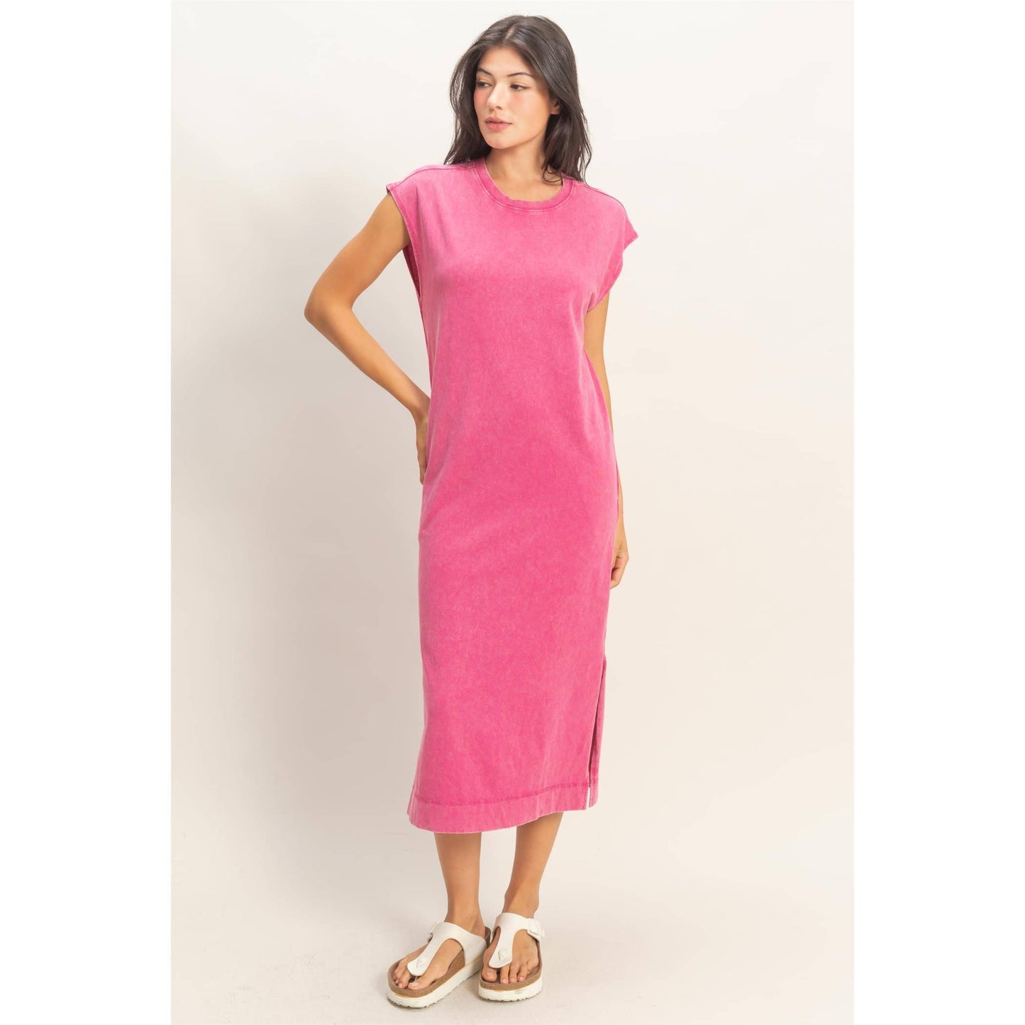 Mineral Wash Cap Sleeve Midi Dress