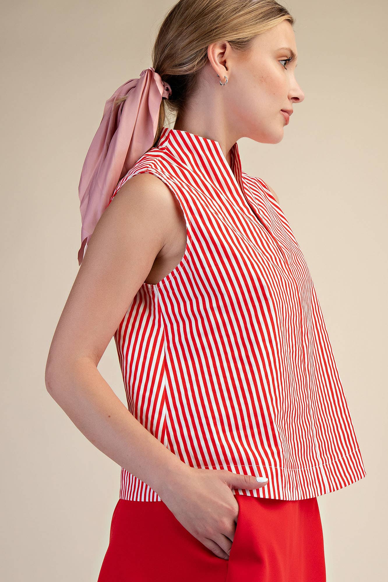 Stand Collar Slit V-Neck Sleeveless Stripe Top | SS26