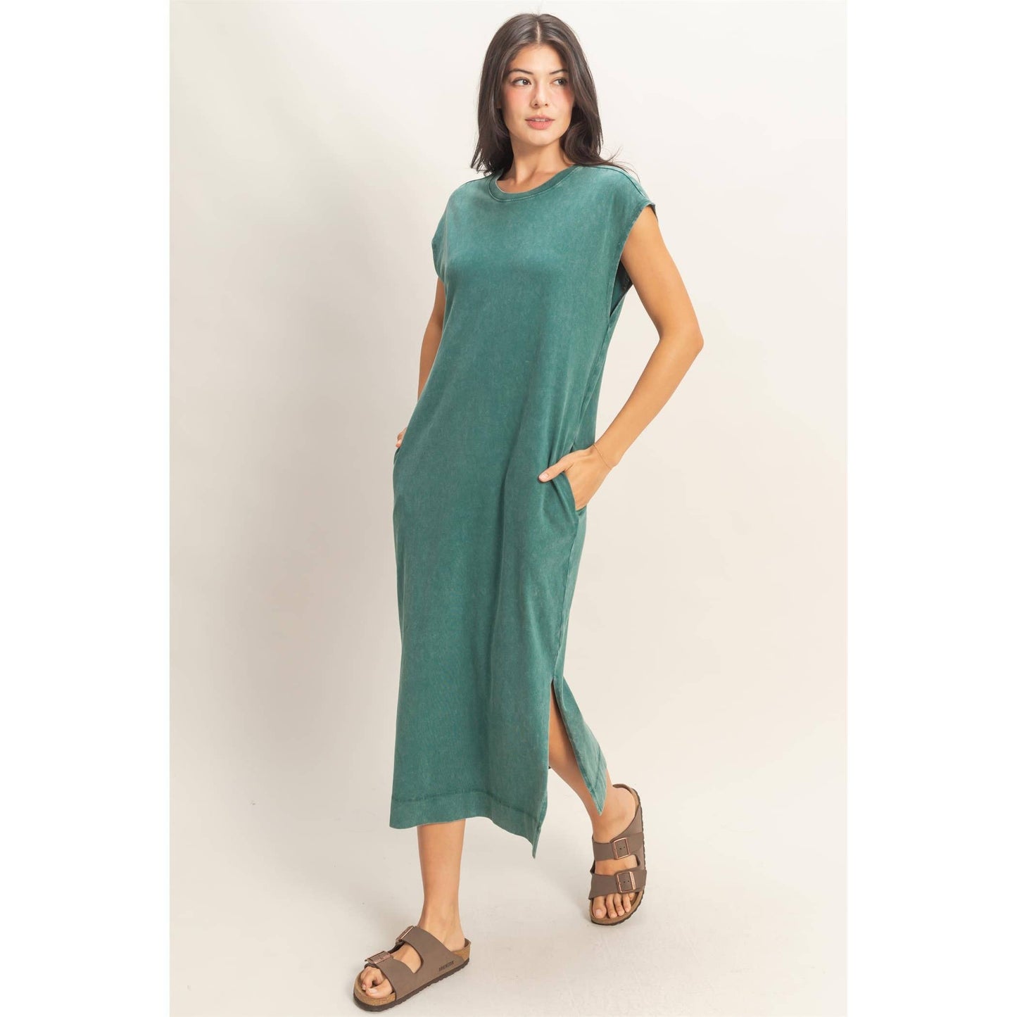 Mineral Wash Cap Sleeve Midi Dress