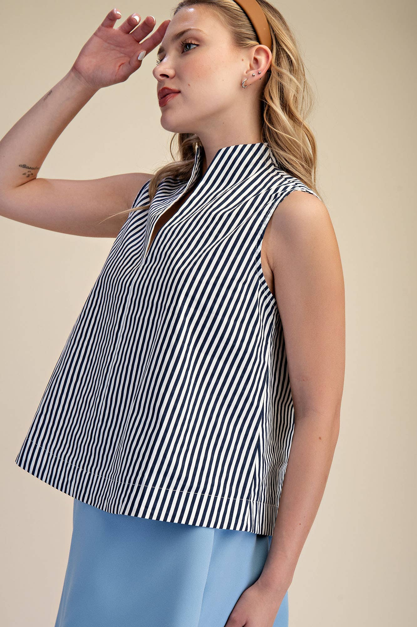 Stand Collar Slit V-Neck Sleeveless Stripe Top | SS26