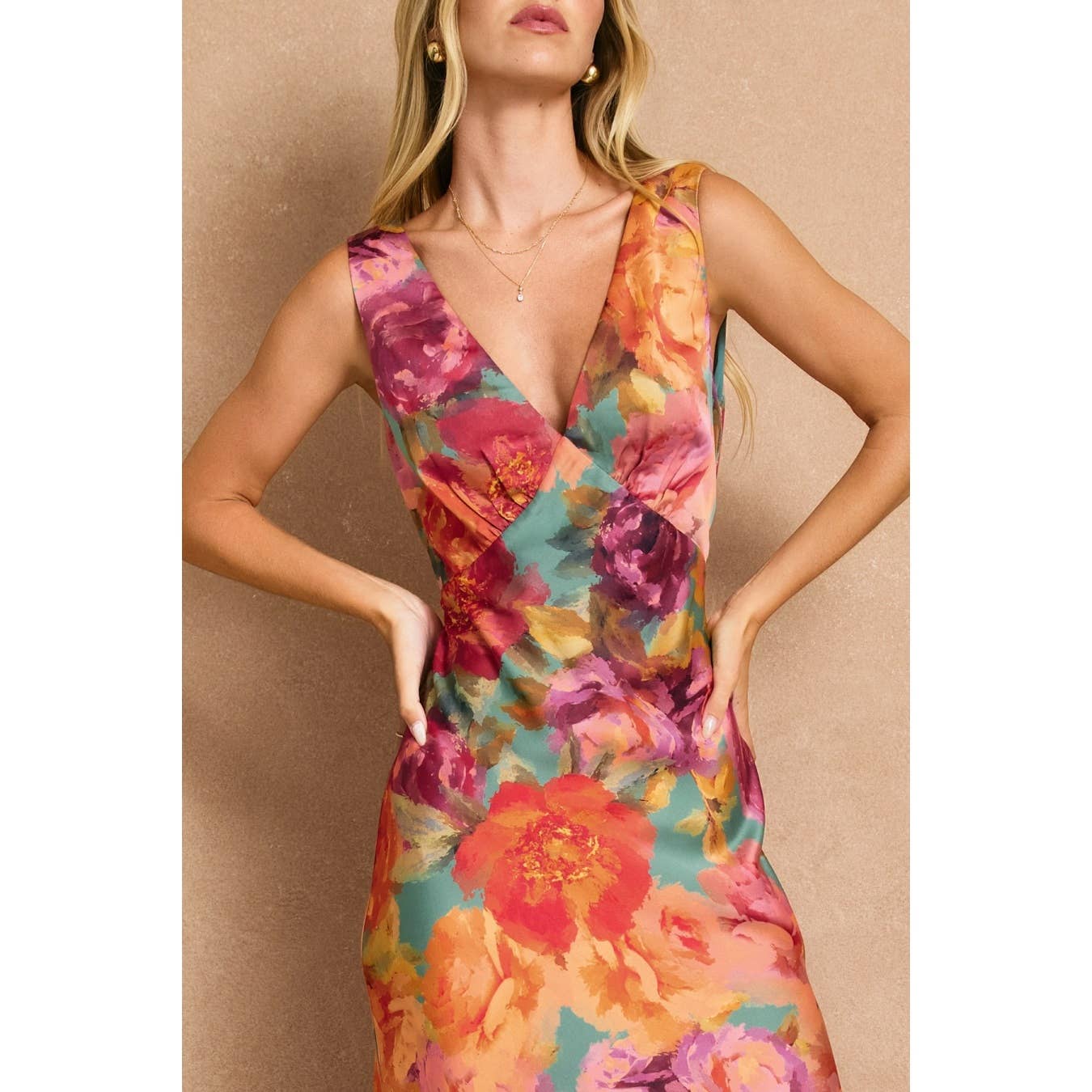 Vineyard Floral Slip Dress – Lined Satin Midi