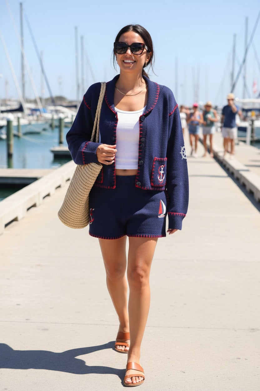 Nautical Anchor Patch Cardigan & Shorts Set - Navy