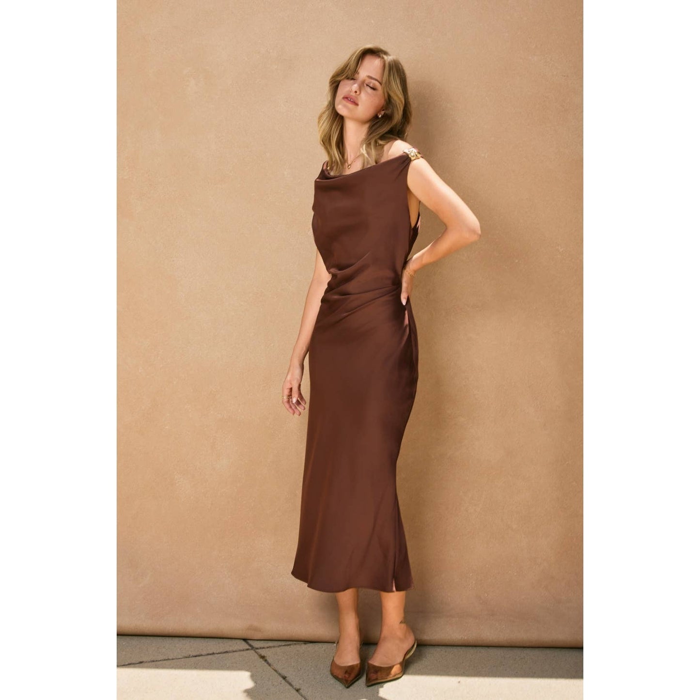 Dull Satin Off-The-Shoulder Ruched Midi Dress