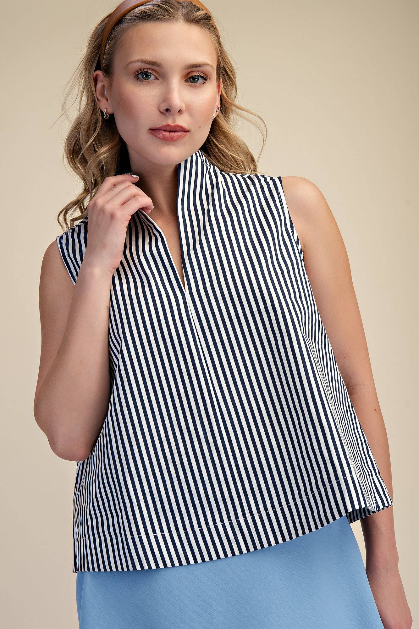 Stand Collar Slit V-Neck Sleeveless Stripe Top | SS26