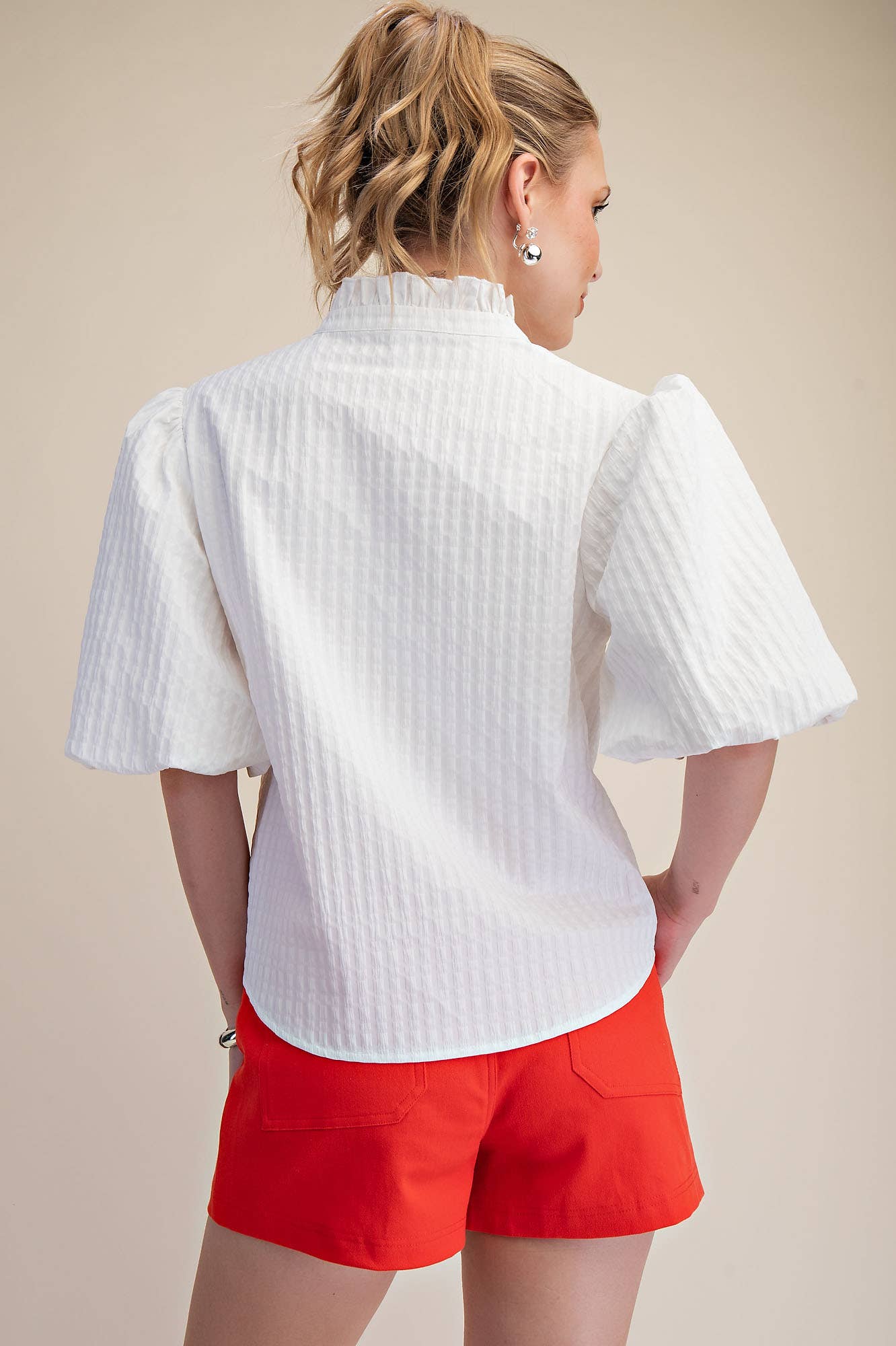 Puff Sleeve Ruffled Neck Textured Top | SS26