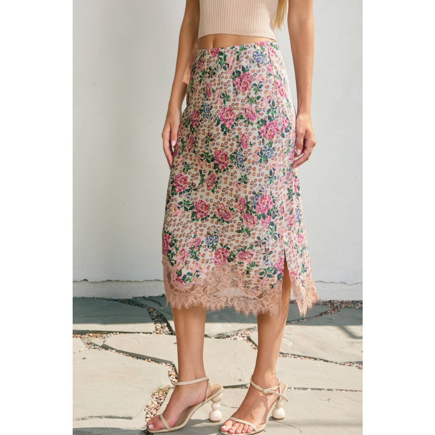 Soft Bouquet Lace Hem Midi Skirt