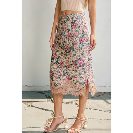 Soft Bouquet Lace Hem Midi Skirt