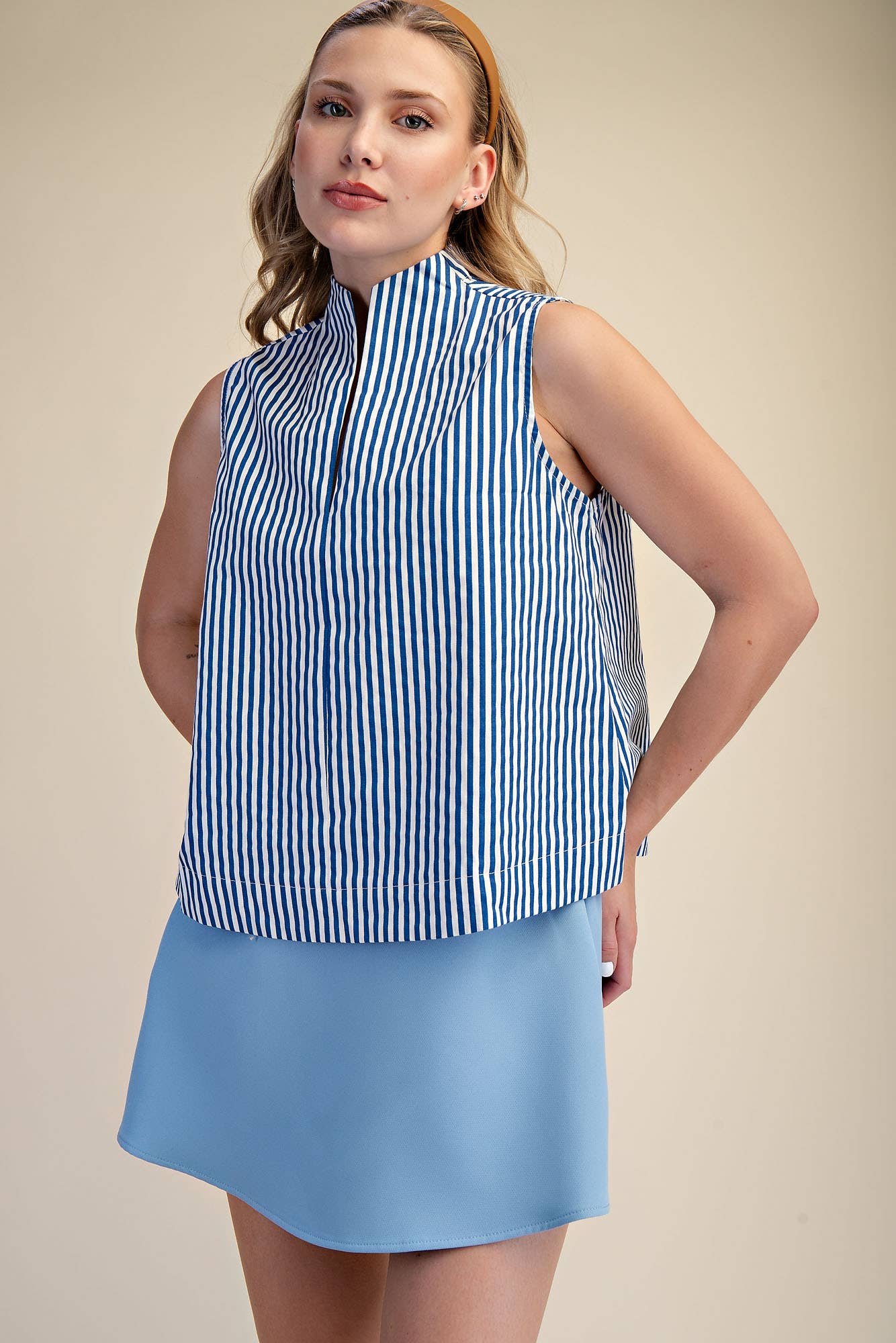 Stand Collar Slit V-Neck Sleeveless Stripe Top | SS26