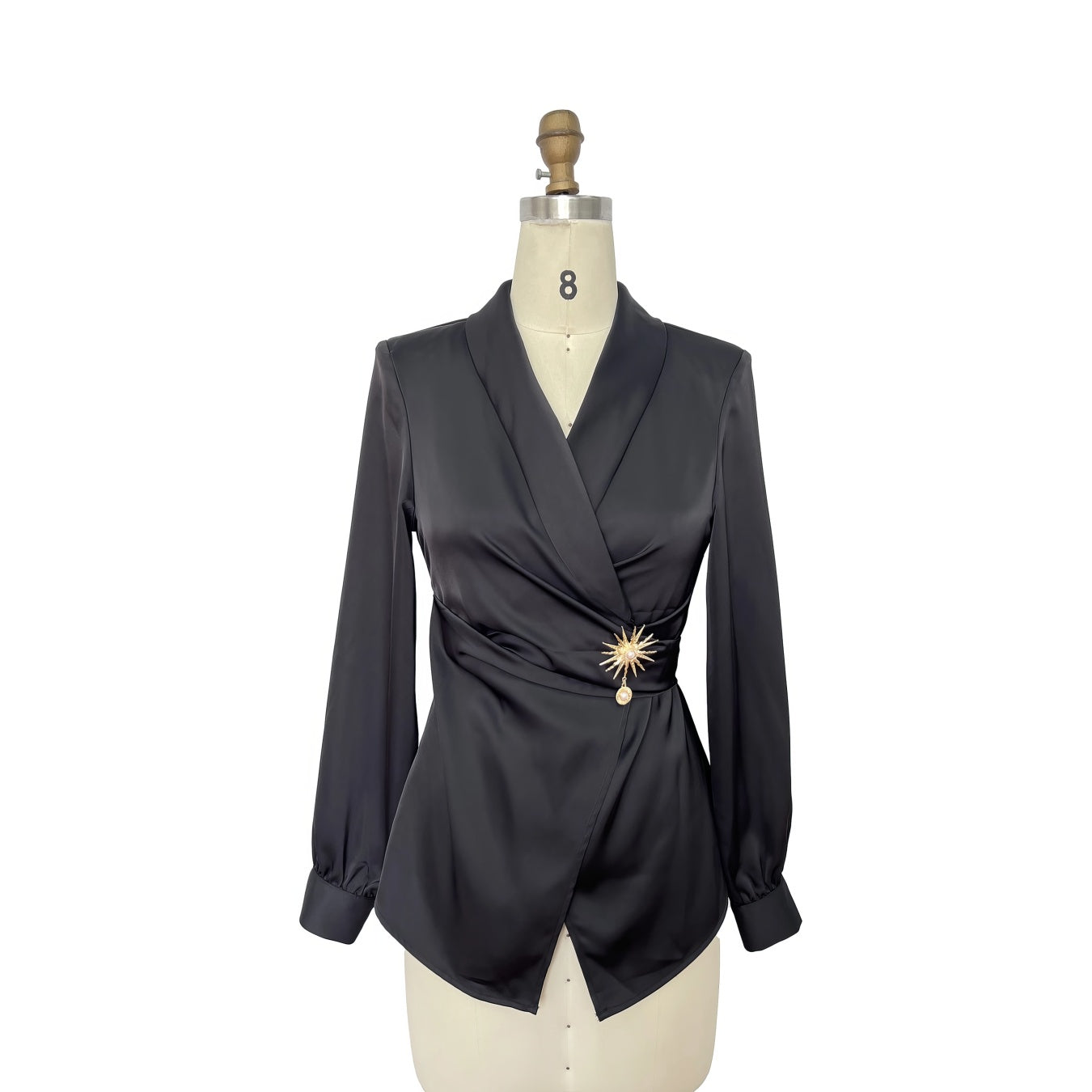 Satin Black Blouse with Brooch